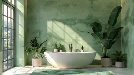 Soft green bathroom with a freestanding bathtub, large windows, and potted plants, isolated background, studio lighting capturing a serene atmosphere for advertising