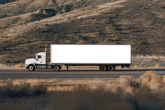 Semi-Truck with Transparent Blank Space Signboard, promotional blank mock up transparency