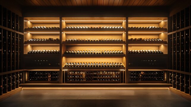 Sophisticated wine storage idea featuring a custom cellar, neatly arranged racks, isolated background, studio lighting for a luxurious advertising appeal