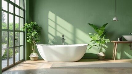 Fototapeta premium Modern bathroom in soft green shades with a freestanding bathtub, large windows, potted plants, close-up, isolated background, studio lighting for advertising