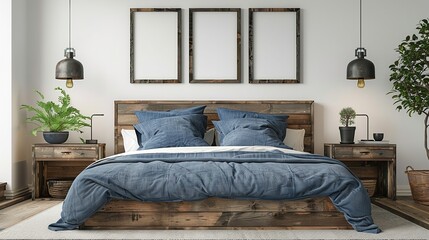 Vintage wooden bed with two bedside cupboards, three mock-up poster frames and blue cushions set against a white wall with flower vases, Generative AI.