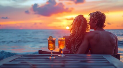Happy couple on a summer vacation, sipping cocktails as the sun sets on the beach on sunny backdrop, Generative AI.