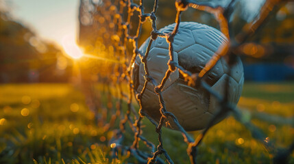 close-up of a white soccer ball touching the soccer goal net, goal, soccer ball inside the goal, close-up, sunny morning day - Powered by Adobe