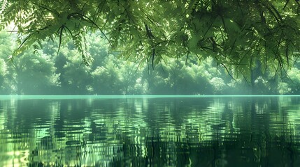 Tranquil Lakefront Canopy A Peaceful D of an Emerald Woodlands Mirrored Reflection