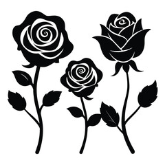Set of Decorative Rose, vector black silhouettes of flowers isolated on a white background