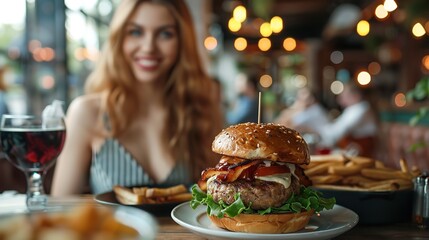 Stunning woman enjoying a plant-based vegan burger in close-up, smiling broadly and staring at the camera against a hazy background with space for text, Generative AI.