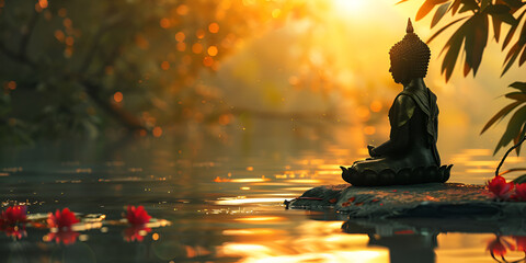A Buddha statue sits on a rock in a pond, surrounded by lotus flowers and bokeh effects.
