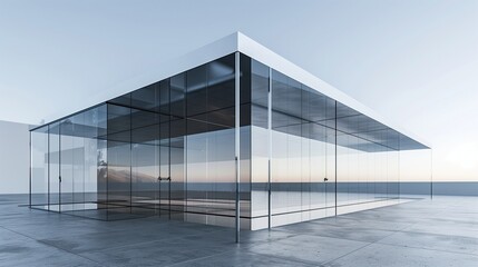 Fototapeta premium Sleek, mirrored glass and steel pavilion with a floating, translucent roof, creating a sense of weightlessness and seamlessly blending with the concrete floor.