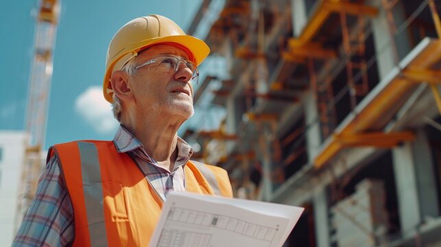 Senior architect using technology at construction site.