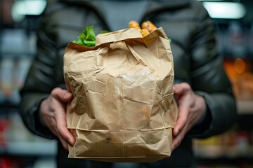 Person carrying ready-to-eat food in a paper bag against an unclear background with text space, Generative AI.