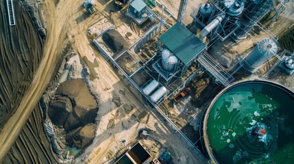 Obraz premium Aerial view of a green hydrogen storage hub in progress, construction phase, equipment and structures visible, future of renewable energy