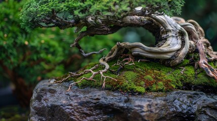 Fototapeta premium Bonsai tree seen from below, roots entwined around a rock, close-up perspective emphasizing the natural beauty and structure