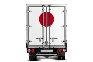 A truck with the national flag of  Japan depicted on the tailgate drives against a white background. Concept of export-import, transportation, national delivery of goods