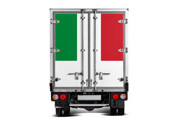 A truck with the national flag of   Italy depicted on the tailgate drives against a white...