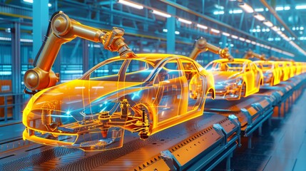 Fototapeta premium Futuristic Vehicle Assembly Line with Holographic Display. Generative ai