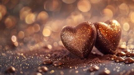 Heart-shaped chocolate confection with golden sparkles and a hazy background with writing space, Generative AI.