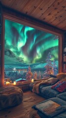 Enchanting Winter Evening: Cozy Living Room with Panoramic View of Northern Lights and Festive Decor