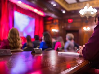Diverse Legal Professionals Debate Reproductive Rights in Ornate Courtroom, Highlighting Regional Legislative Differences