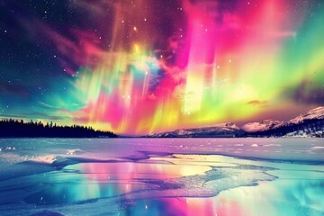Fototapeta premium Spectacular Aurora Borealis Illuminating a Frosty Finnish Lake at Night, Reflecting Vibrant Colors on Ice