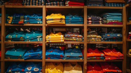 Close-up of neatly stacked, colorful child's shirts on wooden retail shelves, vibrant and organized display, perfect for retail advertising