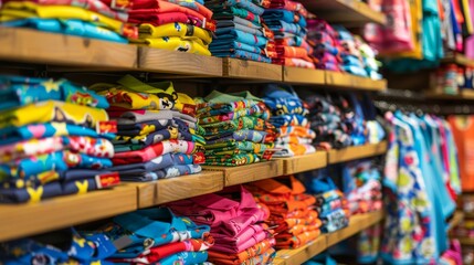 Close-up of neatly stacked, colorful child's shirts on wooden retail shelves, vibrant and organized display, perfect for retail advertising