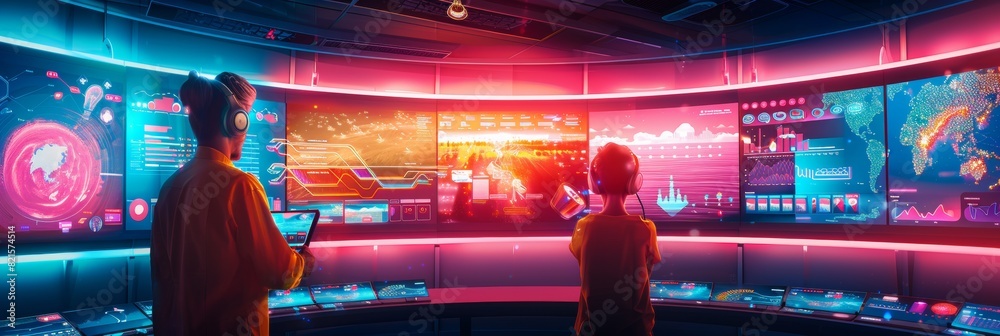 Poster diverse team of engineers analyzing big data in high-tech control room for business innovation