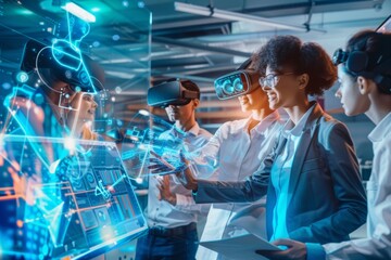 Diverse Team Using Advanced AI and VR Technology in Modern Office Setting, Illustrating Innovation in Business