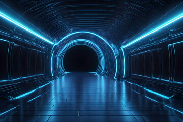 Fluorescent Abstract light tunnel neon blue light and spotlight