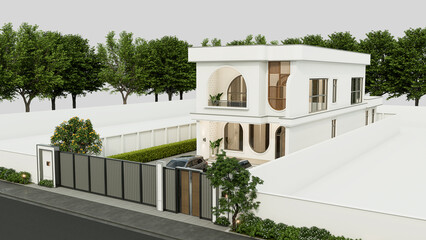 Architecture 3d rendering illustration of minimal modern house with natural landscape and parking.