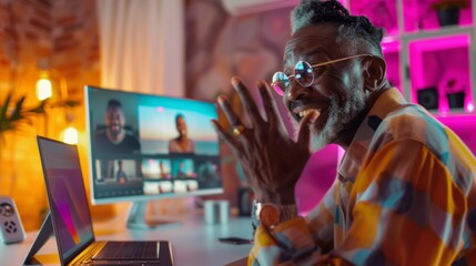 Cheerful African-American Male in His 30s Enjoying Remote Work from a Stylish Home Office During a Video Call at Night