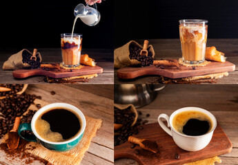 Set - Iced coffee and black coffee with cup and roasted coffee beans brown sugar and a cup of hot espresso coffee flat top view on a dark background