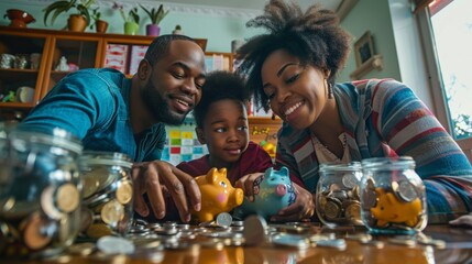 Joyful African Family Celebrating Financial Goals, Reviewing Savings Charts and Coins in Brightly Lit Living Room