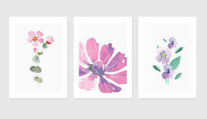 watercolor Flower art triptych wall art vector. Abstract art background with  colored Floral Bouquets, Wildflower and leaf hand paint