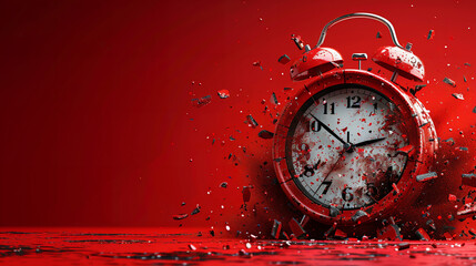 explosion of a red alarm clock broken into pieces, completely red background, minimalist, 3d, copy...
