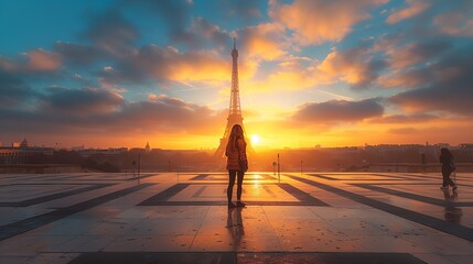 An elegantly attired woman strolls around the renowned plaza in Paris early in the morning, enjoying a breathtaking view of the Eiffel tower, Generative AI.