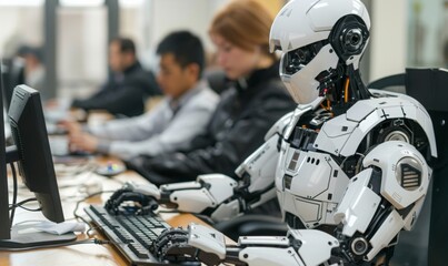 humanoid robot typing on keyword computer. AI assistant robot working in office on PC among employee workers.