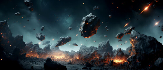 Obraz premium Large asteroid belt with variously sized rocks in space