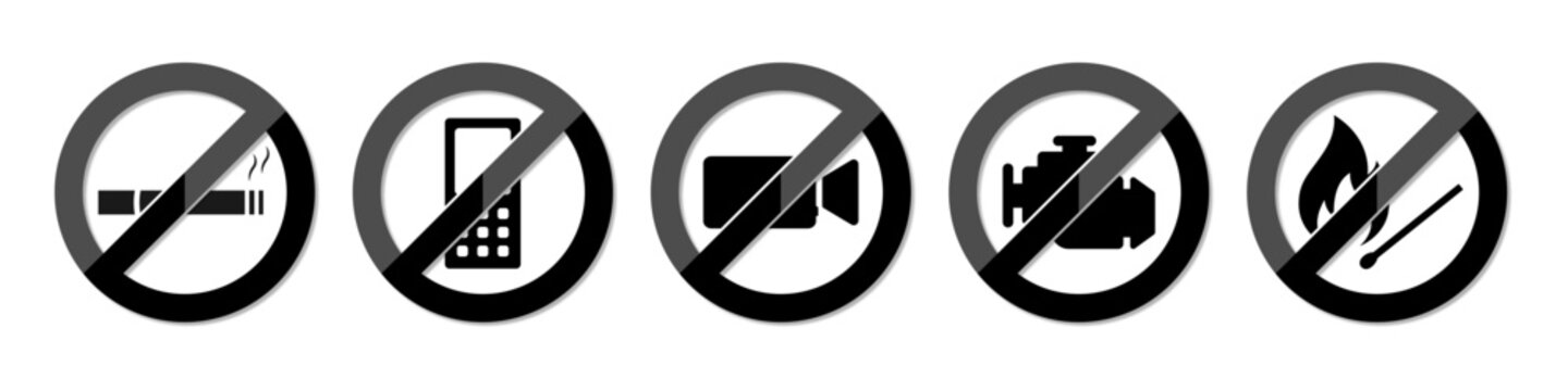 No smoking area, no fire, no cellphone, stop engine restriction ban symbol. Petrol pump safety rules icon set. Warning sign for gas and petroleum in black and white color with shiny effect.