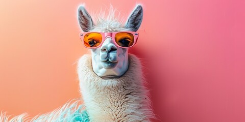 A commercial theme featuring a sunglass shaded llama with enough space is displayed against a clean pastel backdrop, Generative AI.
