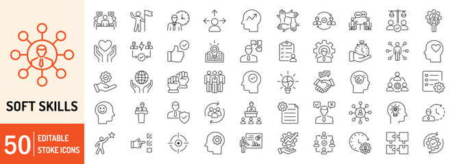 Soft Skills editable stroke outline web icons set. Skills, leadership, communication, creativity, empathy, self-motivation, problem solving, teamwork and responsibility. Vector illustration