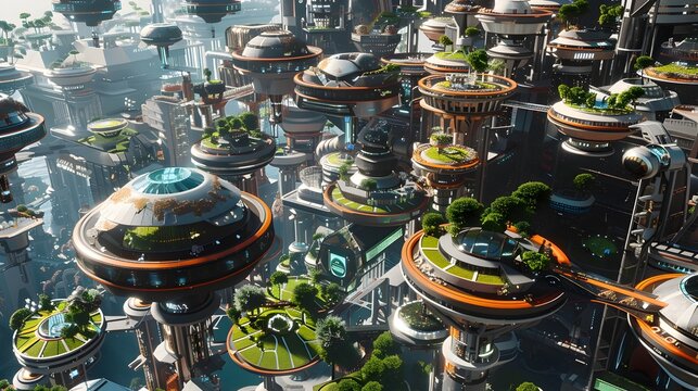 Levitating Habitats A D Rendered Aerial Cityscape Powered by Quantum Conduits