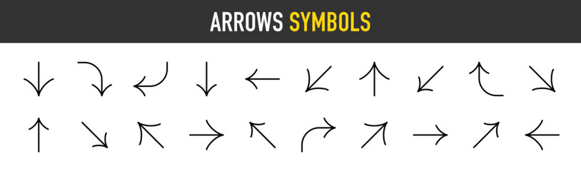 Arrow symbols set. Arrow, cursor, right, left, down, up, angle, collection different arrows sign. Black vector arrows icons. Modern simple arrows vector illustration. Editable stroke.