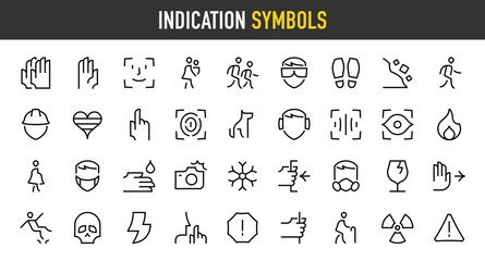 Indication symbols icons. Alert, Danger, Elderly People, Face Scan, Falling Rocks, Fingerprint, Fire Hazard, Flash, Flash, High Voltage, School, lgbt, pets, Pregnant, pull vector icon. Editable stroke