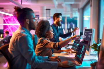 Diverse Team of Professionals in a Modern Office Using Integrated Technology for Collaborative Business Solutions