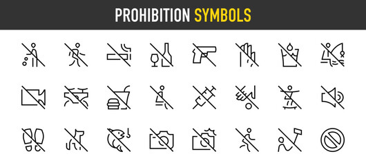 Prohibition symbols icons. Skateboard, Stand, Fishing, Flash Not, Forbidden, No Alcohol, Drinking Water, Drone, Drug, Entry, Food, Noise, Pets, Selfie, Smoking, Video, Bin vector icon. Editable stroke