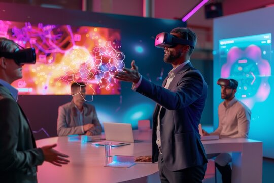 Diverse Team Engages in Futuristic Business Meeting with Holographic Displays and VR in High-Tech Office Environment