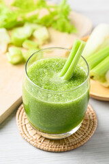 Celery green juice in glass, Healthy drink for detox