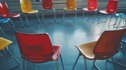 Group of empty chairs in a circular arrangement, close-up shot highlighting collaborative learning and brainstorming, perfect for educational themes