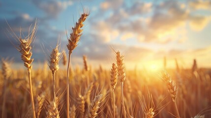 Fototapeta premium Golden wheat field, close-up at sunset, with dramatic clouds and blue sky, capturing the tranquility and beauty of the countryside