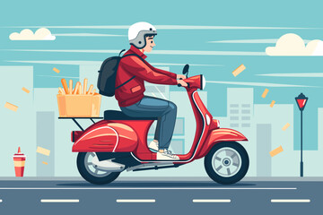 Fototapeta na wymiar Speedy Deliveryman on Classic Moped Scooter Transporting Fast Food Order of Drink, Hamburger, and Fries